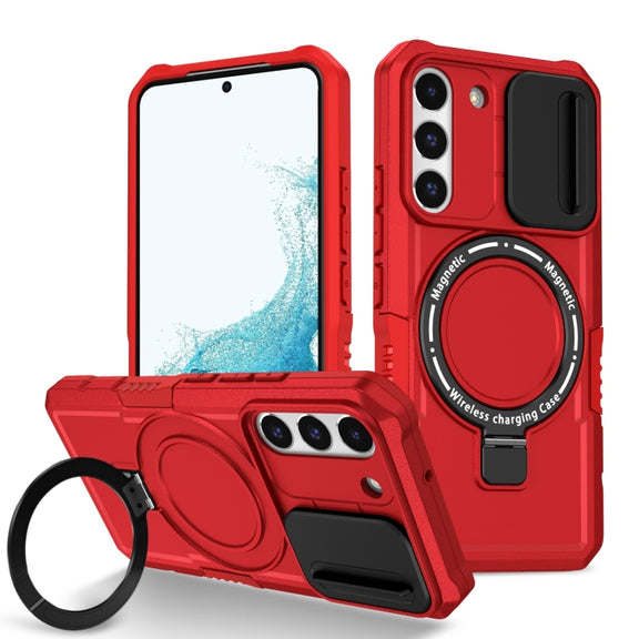 For Samsung Galaxy S22 5G Sliding Camshield Magsafe Holder TPU Hybrid PC Phone Case(Red)