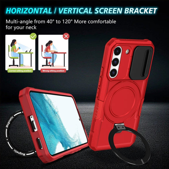 For Samsung Galaxy S22 5G Sliding Camshield Magsafe Holder TPU Hybrid PC Phone Case(Red)