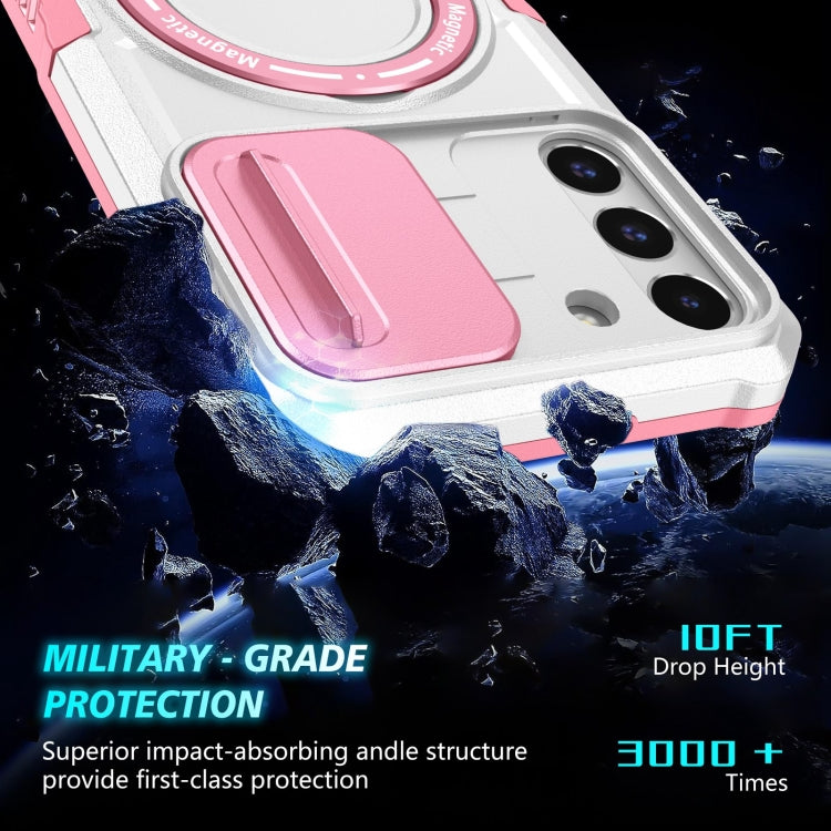 For Samsung Galaxy S22+ 5G Sliding Camshield Magsafe Holder TPU Hybrid PC Phone Case(Pink White)