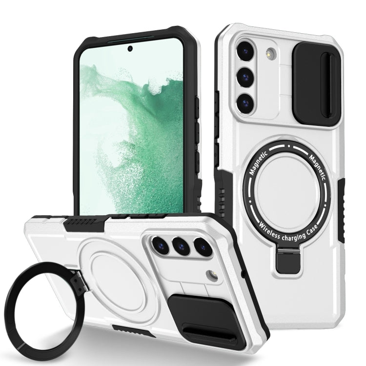 For Samsung Galaxy S22+ 5G Sliding Camshield Magsafe Holder TPU Hybrid PC Phone Case(Black White) - Galaxy S22+ 5G Cases by PMC TechLife | Online Shopping South Africa | PMC TechLife | Buy Now Pay Later Mobicred