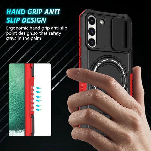 For Samsung Galaxy S22+ 5G Sliding Camshield Magsafe Holder TPU Hybrid PC Phone Case(Black Red)