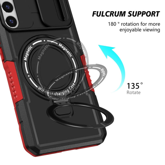 For Samsung Galaxy S22+ 5G Sliding Camshield Magsafe Holder TPU Hybrid PC Phone Case(Black Red)