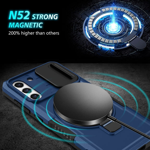 For Samsung Galaxy S21 FE 5G Sliding Camshield Magsafe Holder TPU Hybrid PC Phone Case(Royal Blue)