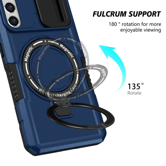 For Samsung Galaxy S21 FE 5G Sliding Camshield Magsafe Holder TPU Hybrid PC Phone Case(Royal Blue)