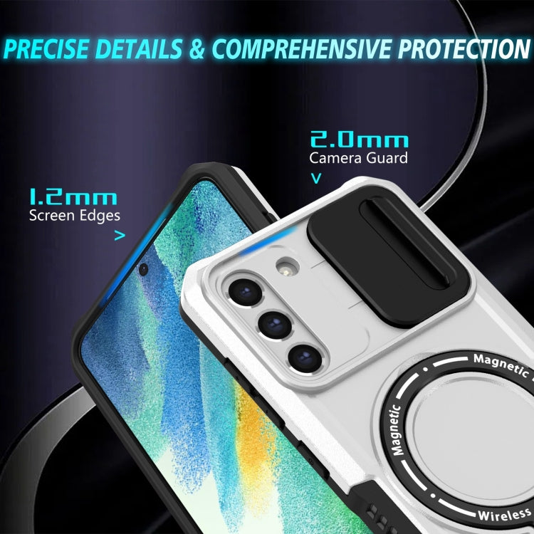 For Samsung Galaxy S21 FE 5G Sliding Camshield Magsafe Holder TPU Hybrid PC Phone Case(Black White) - Galaxy Phone Cases by PMC TechLife | Online Shopping South Africa | PMC TechLife