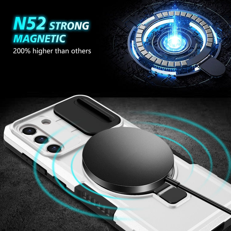 For Samsung Galaxy S21 FE 5G Sliding Camshield Magsafe Holder TPU Hybrid PC Phone Case(Black White)