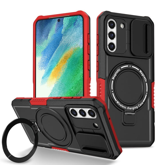 For Samsung Galaxy S21 FE 5G Sliding Camshield Magsafe Holder TPU Hybrid PC Phone Case(Black Red)