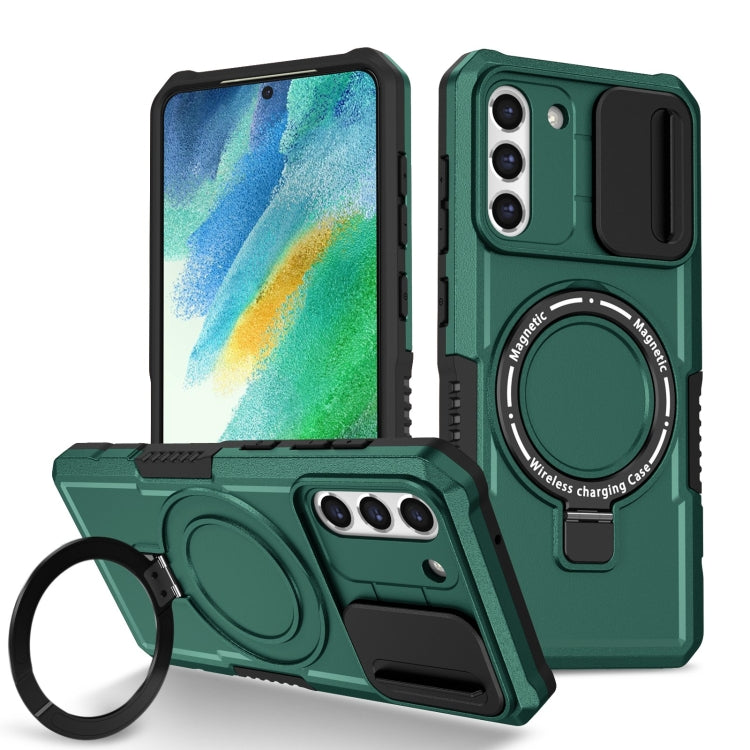 For Samsung Galaxy S21 FE 5G Sliding Camshield Magsafe Holder TPU Hybrid PC Phone Case(Deep Green) - Galaxy Phone Cases by PMC TechLife | Online Shopping South Africa | PMC TechLife