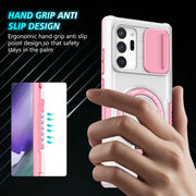 For Samsung Galaxy Note20 Ultra Sliding Camshield Magsafe Holder TPU Hybrid PC Phone Case(Pink White)