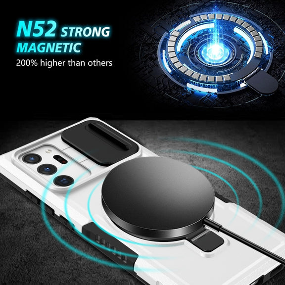 For Samsung Galaxy Note20 Ultra Sliding Camshield Magsafe Holder TPU Hybrid PC Phone Case(Black White)