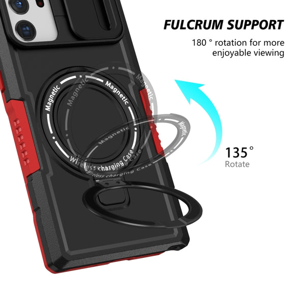 For Samsung Galaxy Note20 Ultra Sliding Camshield Magsafe Holder TPU Hybrid PC Phone Case(Black Red)