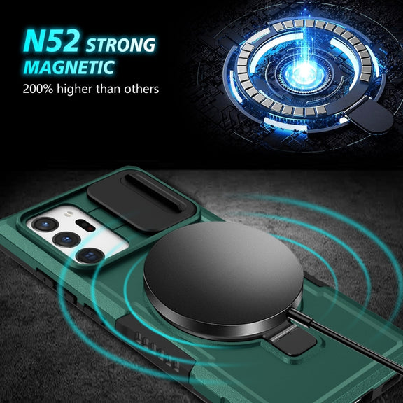 For Samsung Galaxy Note20 Ultra Sliding Camshield Magsafe Holder TPU Hybrid PC Phone Case(Deep Green)