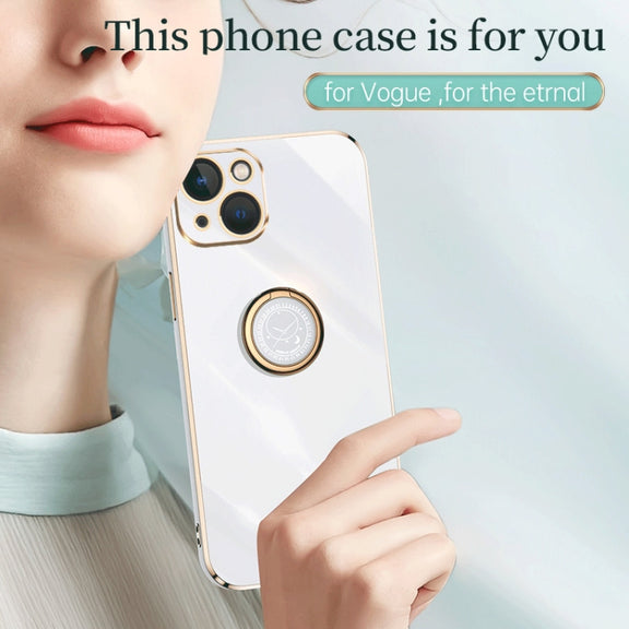 For iPhone 15 XINLI Straight Edge 6D Electroplate TPU Phone Case with Ring Holder(Pink)