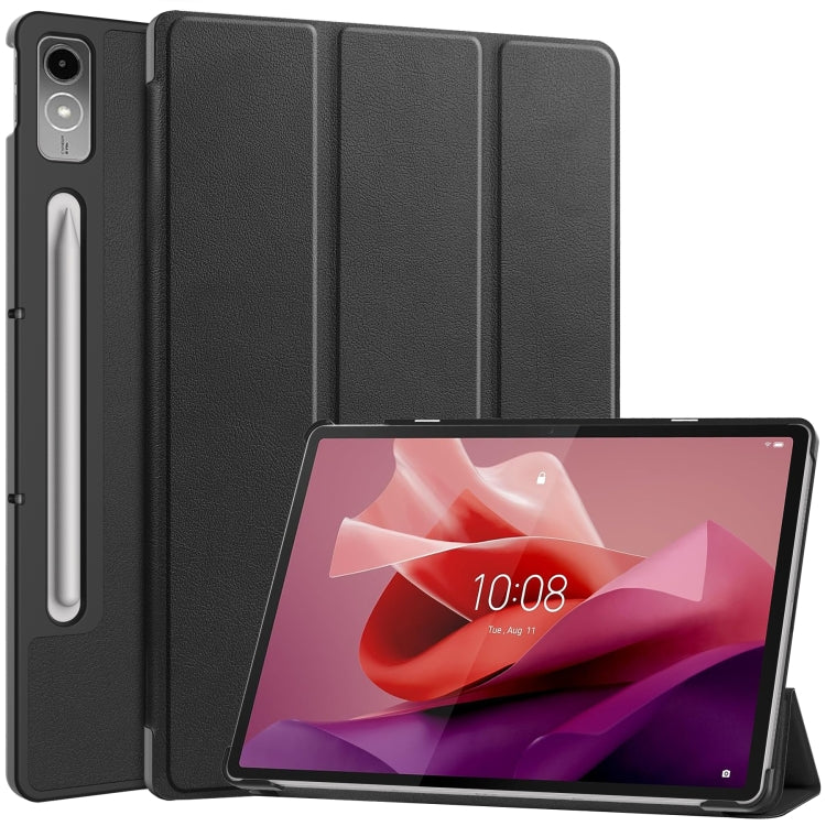 For Lenovo Tab P12/Xiaoxin Pad Pro 12.7 inch Custer Solid Color 3-Fold Stand Leather Tablet Case(Black) - Lenovo by PMC TechLife | Online Shopping South Africa | PMC TechLife | Buy Now Pay Later Mobicred
