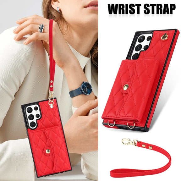 For Samsung Galaxy S22 Ultra 5G Crossbody Rhombic Horizontal Wallet Leather Phone Case(Red)