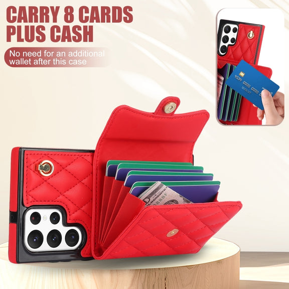 For Samsung Galaxy S22 Ultra 5G Crossbody Rhombic Horizontal Wallet Leather Phone Case(Red)