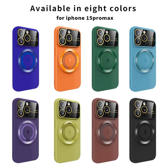 For iPhone 15 Pro Large Window MagSafe Magnetic Holder Phone Case(Dark Green)