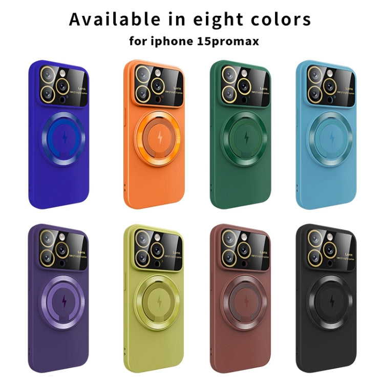 For iPhone 15 Pro Large Window MagSafe Magnetic Holder Phone Case(Dark Green)