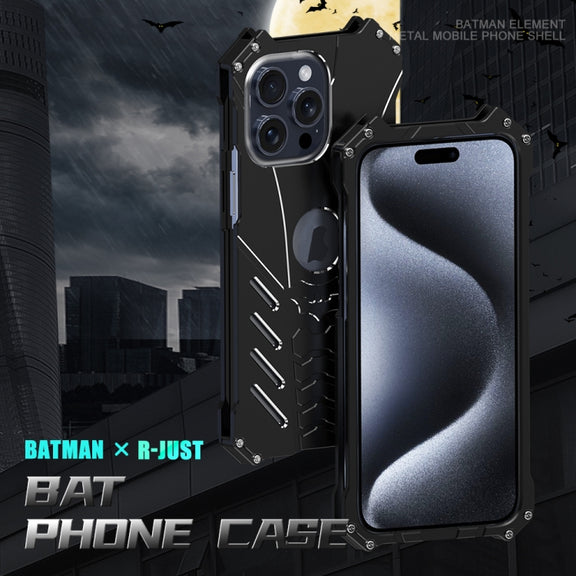 For iPhone 15 R-JUST Batman Hollow Metal Phone Protective Case(Black)