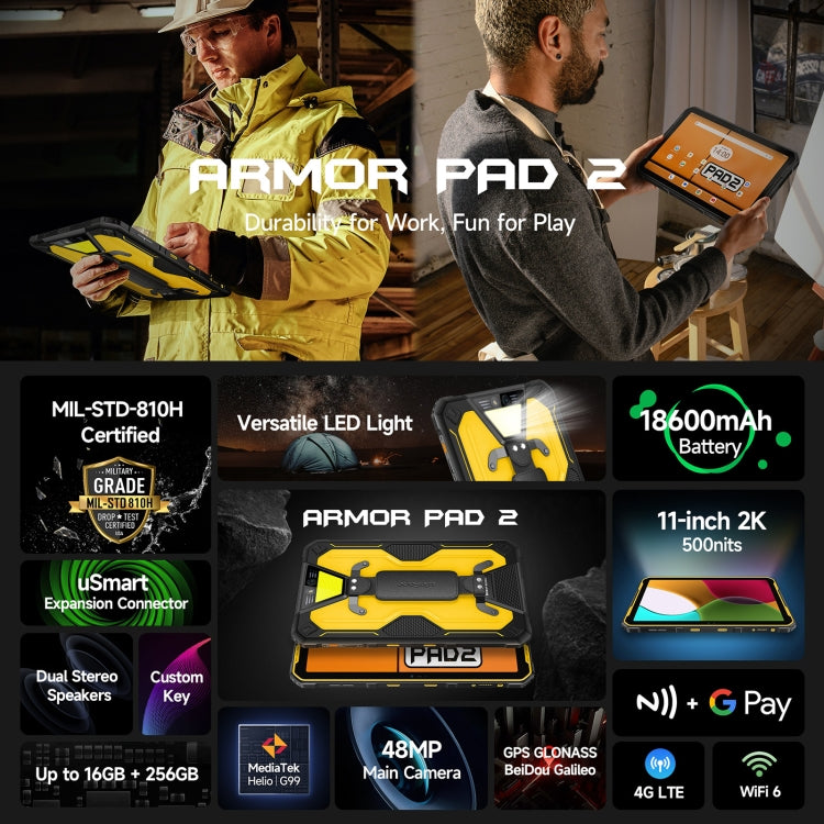 Ulefone Armor Pad 2 Rugged Tablet PC, 16GB+256GB 11 inch Android 13 MediaTek Helio G99 Octa Core 4G Network EU Plug(Black) - free shipping - PMC TechLife - Order now!