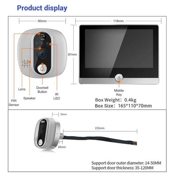 ESCAM C85 1080P 4.3 inch Smart WIFI Digital Door Viewer Supports Wide-Angle PIR & Night Vision & Dingdong Photo(White)