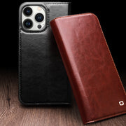 For iPhone 15 Pro Max QIALINO Classic Genuine Leather Phone Case(Brown)