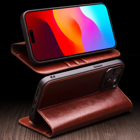 For iPhone 15 Pro Max QIALINO Classic Genuine Leather Phone Case(Brown)