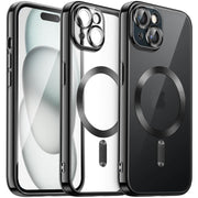 For iPhone 15 Plus Transparent Electroplated Magsafe Magnetic TPU Phone Case(Black)