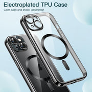 For iPhone 15 Plus Transparent Electroplated Magsafe Magnetic TPU Phone Case(Black)