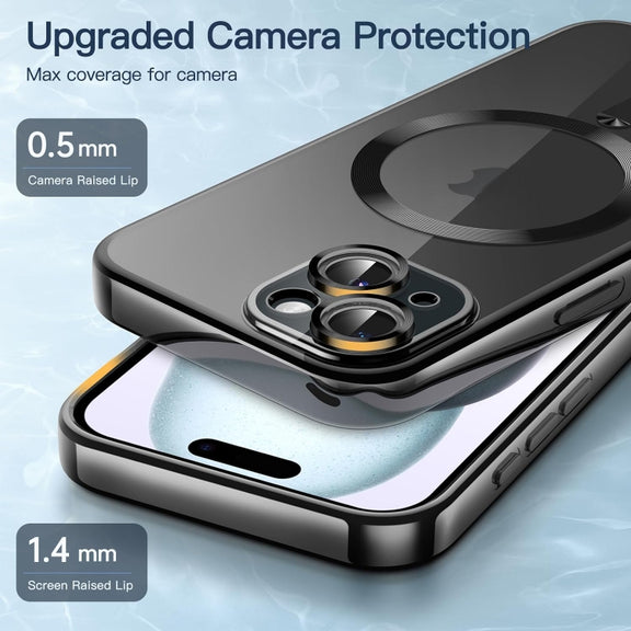 For iPhone 15 Plus Transparent Electroplated Magsafe Magnetic TPU Phone Case(Black)