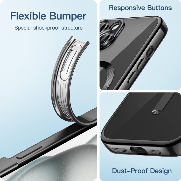 For iPhone 15 Plus Transparent Electroplated Magsafe Magnetic TPU Phone Case(Black)