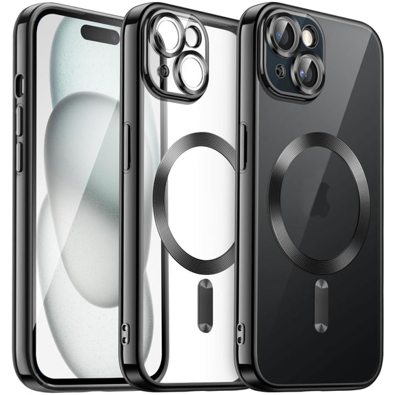 For iPhone 15 Plus Transparent Electroplated Magsafe Magnetic TPU Phone Case(Black)