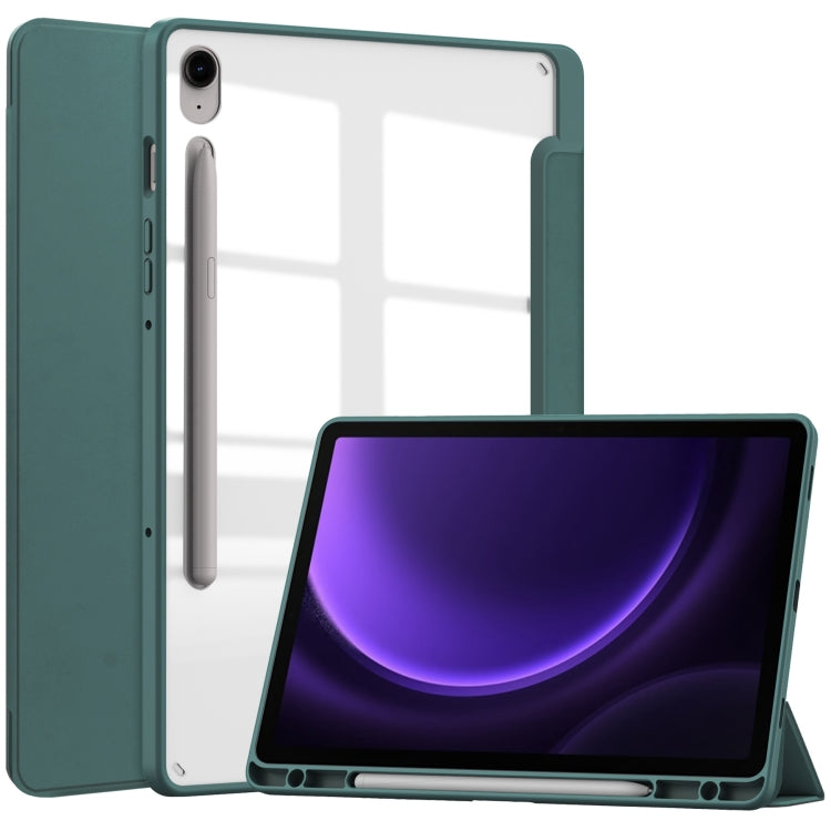 For Samsung Galaxy Tab S9 FE / S10 FE Acrylic 3-folding Smart Leather Tablet Case with Pen Slot(Dark Green) - free shipping - PMC TechLife - Order now!