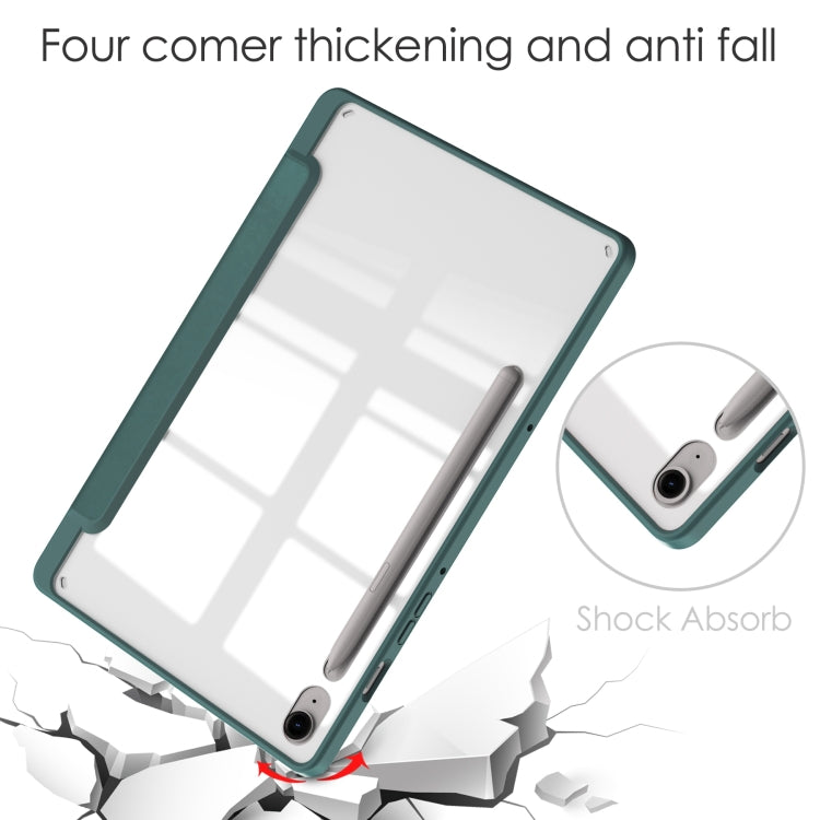 For Samsung Galaxy Tab S9 FE / S10 FE Acrylic 3-folding Smart Leather Tablet Case with Pen Slot(Dark Green)