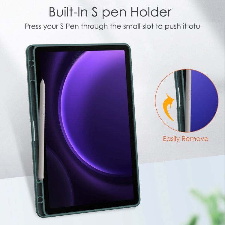 For Samsung Galaxy Tab S9 FE / S10 FE Acrylic 3-folding Smart Leather Tablet Case with Pen Slot(Dark Green)