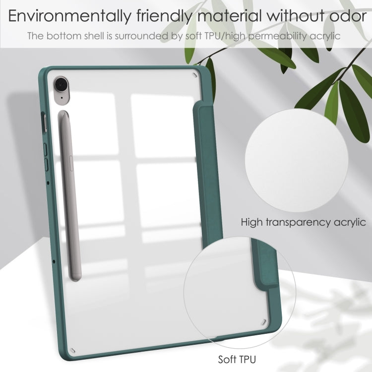 For Samsung Galaxy Tab S9 FE / S10 FE Acrylic 3-folding Smart Leather Tablet Case with Pen Slot(Dark Green)