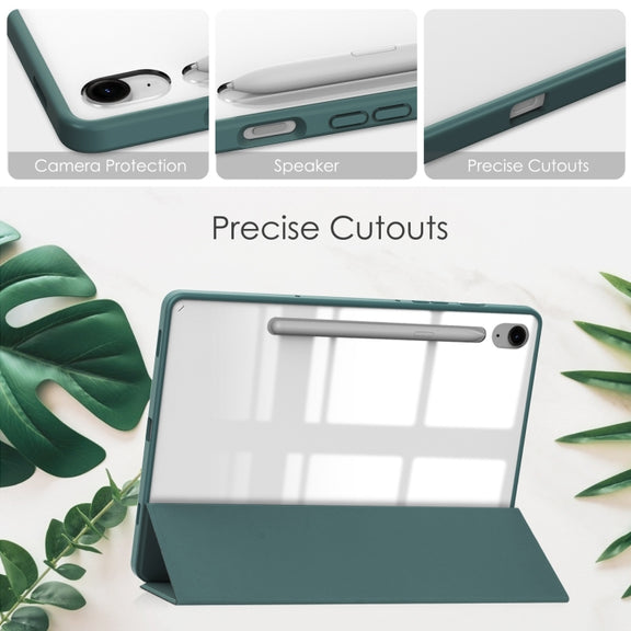 For Samsung Galaxy Tab S9 FE / S10 FE Acrylic 3-folding Smart Leather Tablet Case with Pen Slot(Dark Green)