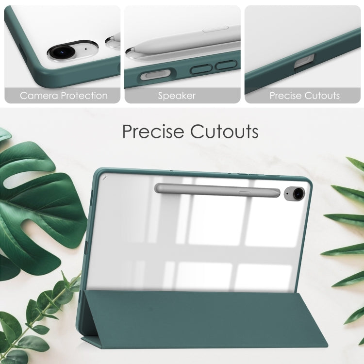 For Samsung Galaxy Tab S9 FE / S10 FE Acrylic 3-folding Smart Leather Tablet Case with Pen Slot(Dark Green)