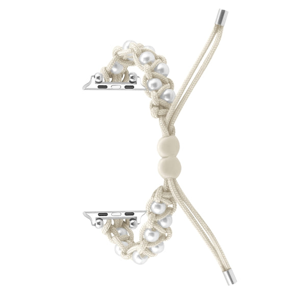 For Apple Watch 42mm Paracord Gypsophila Beads Drawstring Braided Watch Band(White)
