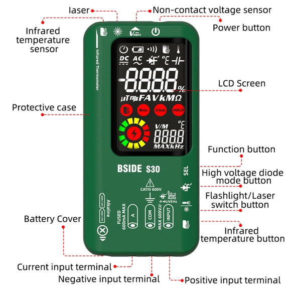 BSIDE S30 Smart Color Screen Infrared Temperature Measurement Multimeter(Black)