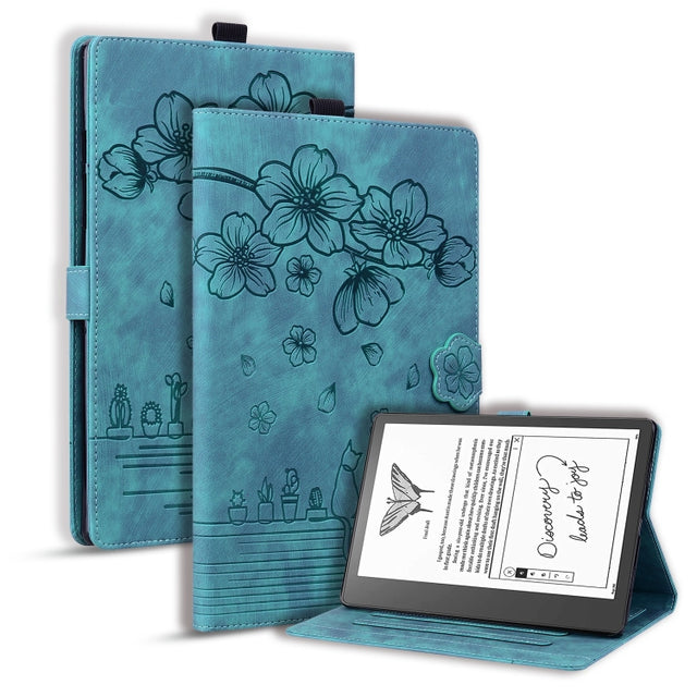For Amazon Kindle Scribe 10.2 2022 Cartoon Sakura Cat Embossed Smart Leather Tablet Case(Green)