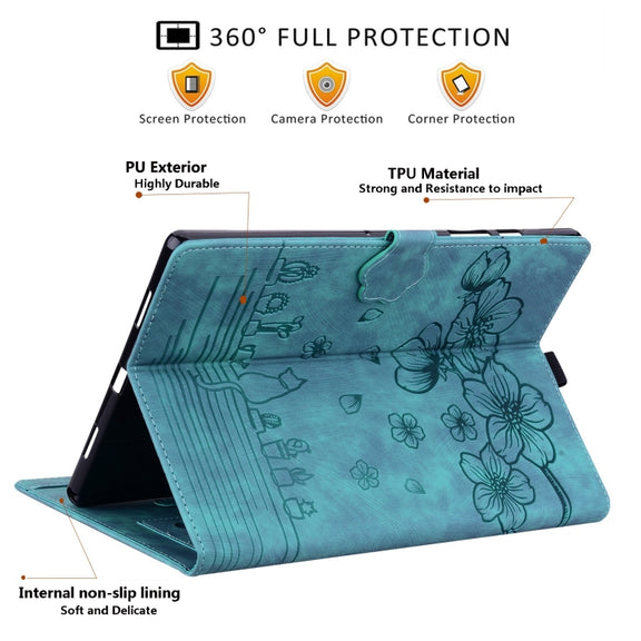 For Amazon Kindle Scribe 10.2 2022 Cartoon Sakura Cat Embossed Smart Leather Tablet Case(Green)