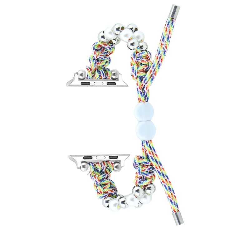 For Apple Watch Series 7 41mm Paracord Row Beads Drawstring Braided Watch Band(Rainbow)