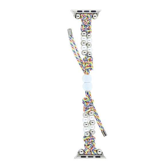For Apple Watch Series 6 44mm Paracord Row Beads Drawstring Braided Watch Band(Rainbow)