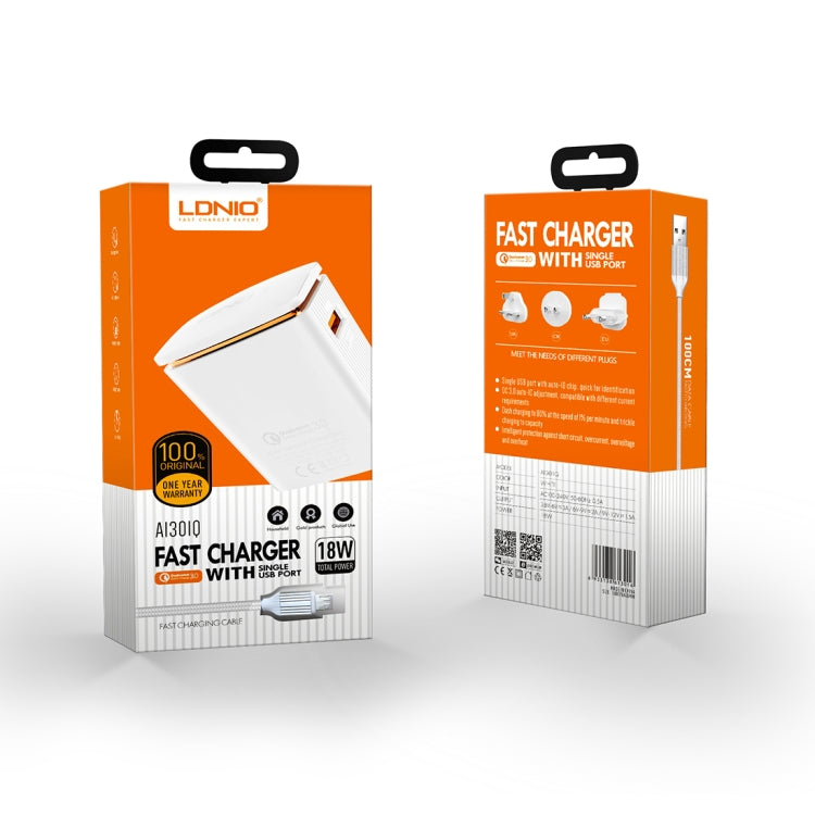 LDNIO A1301Q 2 in 1 18W QC3.0 USB Interface Travel Charger Mobile Phone Charger with 8 Pin Data Cable, UK Plug - USB Charger by LDNIO | Online Shopping South Africa | PMC TechLife | Buy Now Pay Later Mobicred