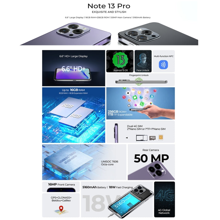 HOTWAV Note 13 Pro, 8GB+256GB, Side Fingerprint Identification, 6.6 inch Android 13 UMS9230 T606 Octa Core up to 1.6GHz, Network: 4G, NFC, OTG(Purple) - free shipping - PMC TechLife - Order now!