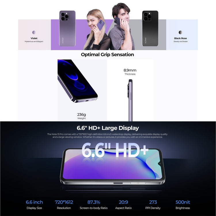 HOTWAV Note 13 Pro, 8GB+256GB, Side Fingerprint Identification, 6.6 inch Android 13 UMS9230 T606 Octa Core up to 1.6GHz, Network: 4G, NFC, OTG(Purple) - free shipping - PMC TechLife - Order now!