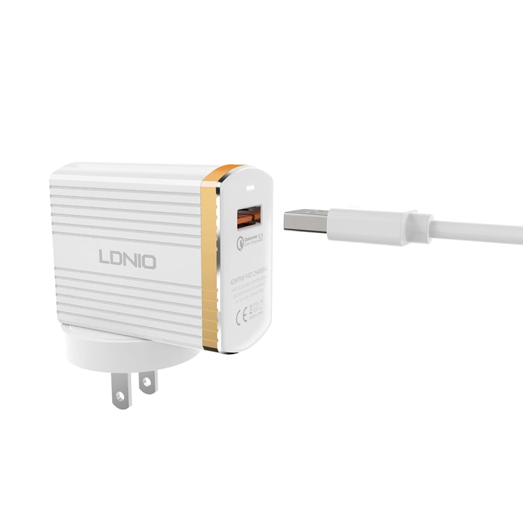 LDNIO A1302Q 2 in 1 18W QC3.0 USB Interface Grid Shape Travel Charger Mobile Phone Charger with 8 Pin Data Cable, US Plug