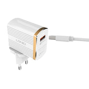 LDNIO A1302Q 2 in 1 18W QC3.0 USB Interface Grid Shape Travel Charger Mobile Phone Charger with 8 Pin Data Cable, EU Plug