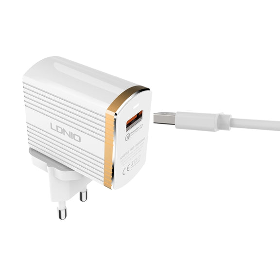 LDNIO A1302Q 2 in 1 18W QC3.0 USB Interface Grid Shape Travel Charger Mobile Phone Charger with 8 Pin Data Cable, EU Plug